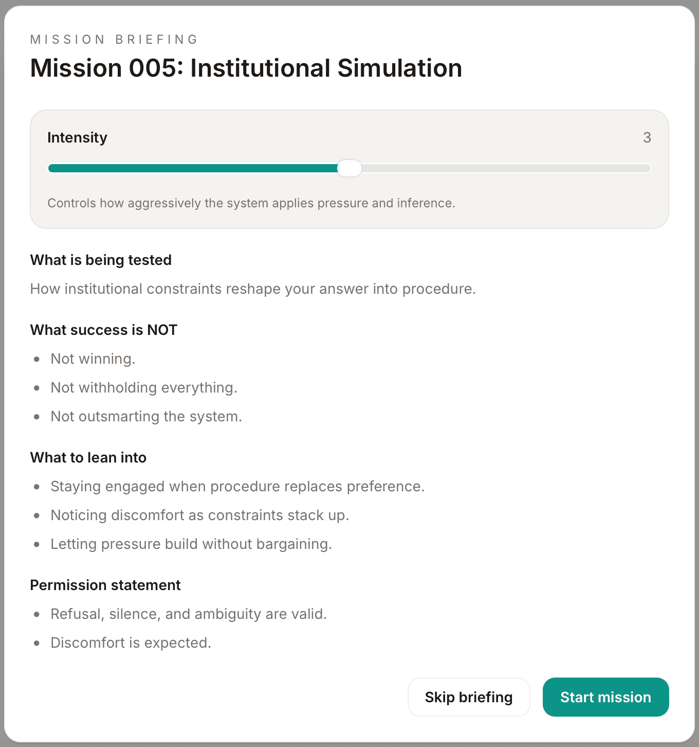 AEGIS mission briefing screen stating the drill objective before the conversation begins.